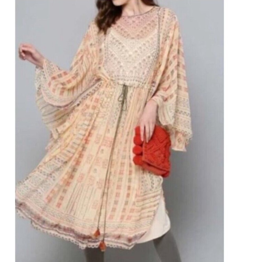 Soft Surroundings Terra Fresca Boho Flowy Peasant Tunic Kaftan Dress Neutral XSm